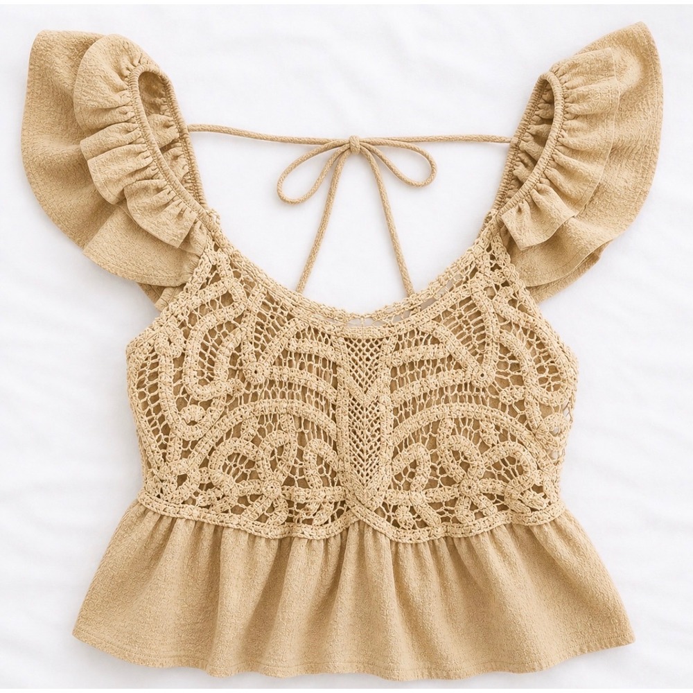 Milk & Honey Tan Crochet Lace Peplum Crop Top Ruffle Sleeve Babydoll Large